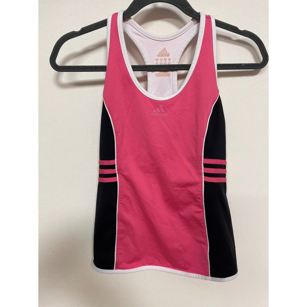 Adidas Womens Pink Black Colorblock Racerback Athletic Tank Top Three Stripe